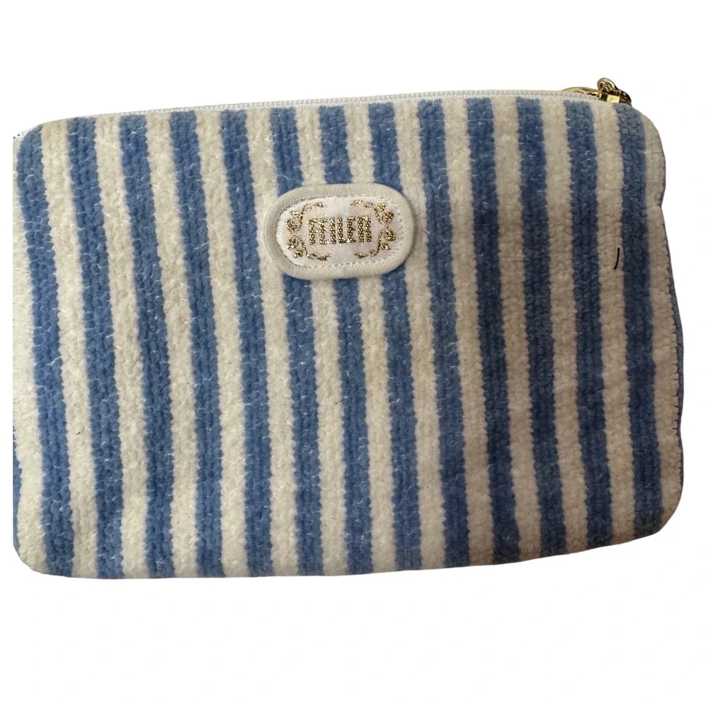 Feiler Germany Chenille Tapestry Pouch Blue White Striped Floral Cosmetic Bag